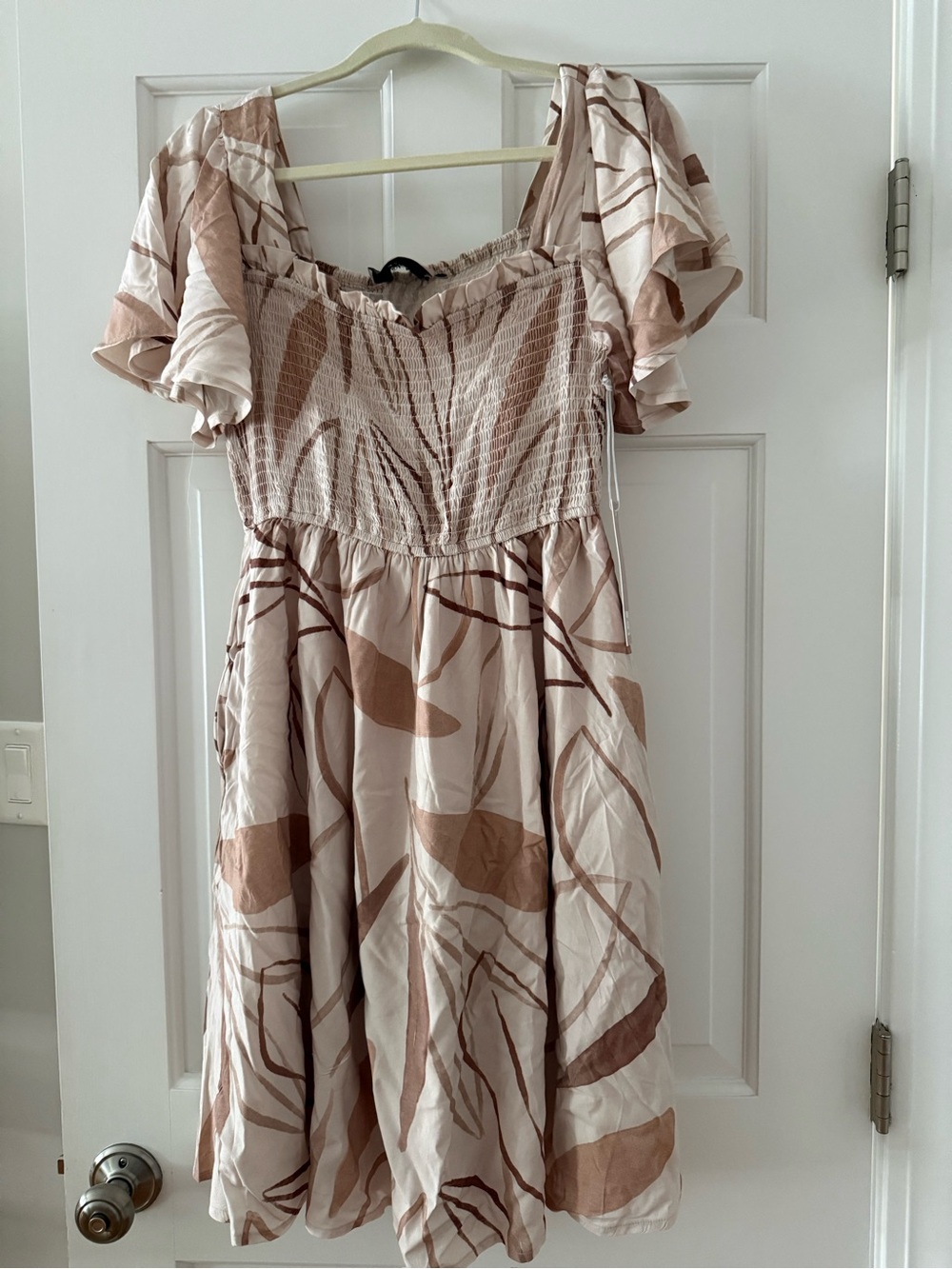 White Closet Beige & Brown Printed Smocked-Waist Midi Dress